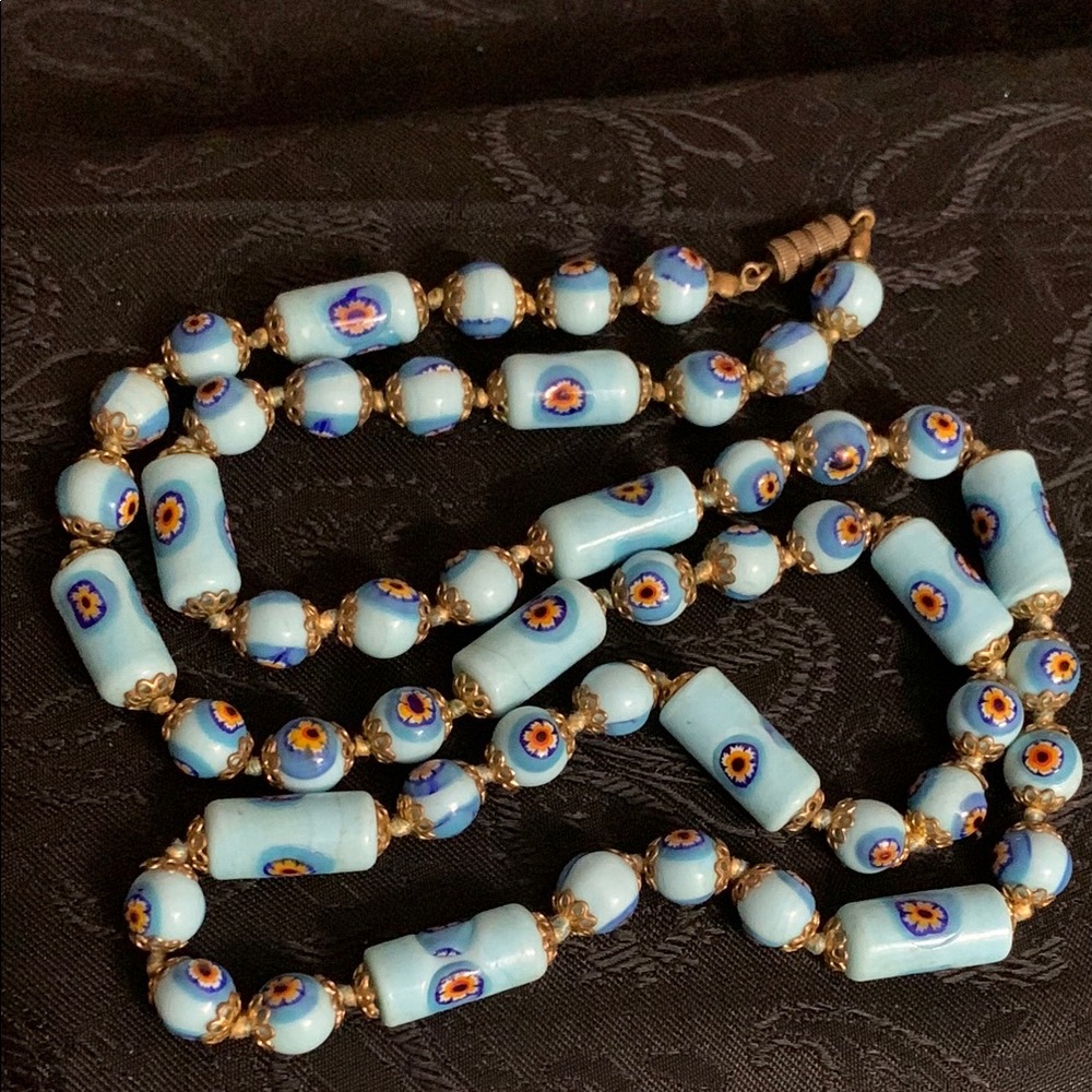 Vintage Italian Blue on Blue Millefori Bead Necklace